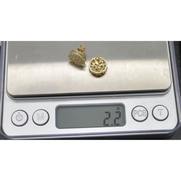 Real 10K Solid Yellow Gold 11.3mm Men CZ Halo Circle Cluster Stud Earrings 2.2gr - Picture 5 of 6